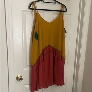 Mustard and Coral Colorblock Spaghetti Strap Dress